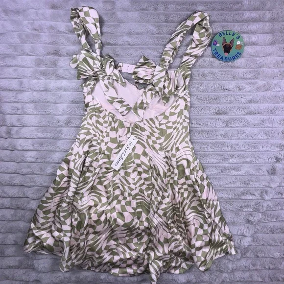 For Love & Lemons Dress Women's Small Green Mini Bow Straps Boned FIt & Flare‎